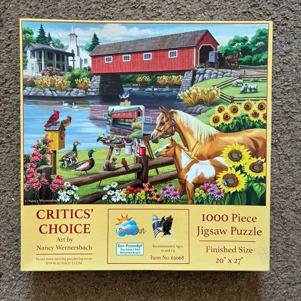Lot of 5 Jigsaw Puzzles 1000 Pieces Cats Horses Wolf Carousel Horse Lighthouses